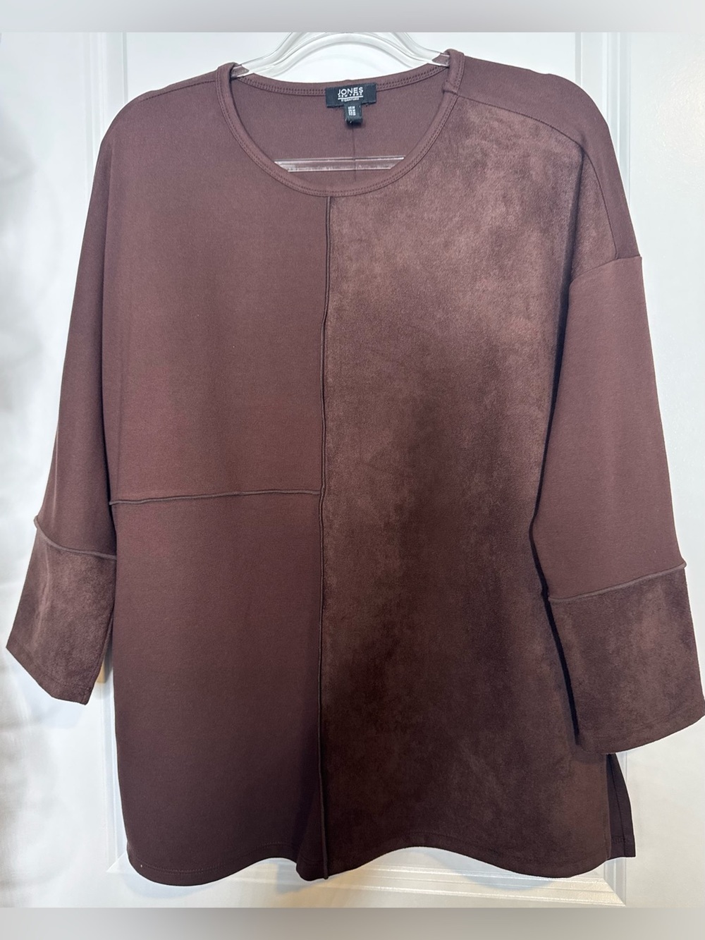 Jones New York brown Crewneck colorblock Patrick Pullover blouse sz MD stretch